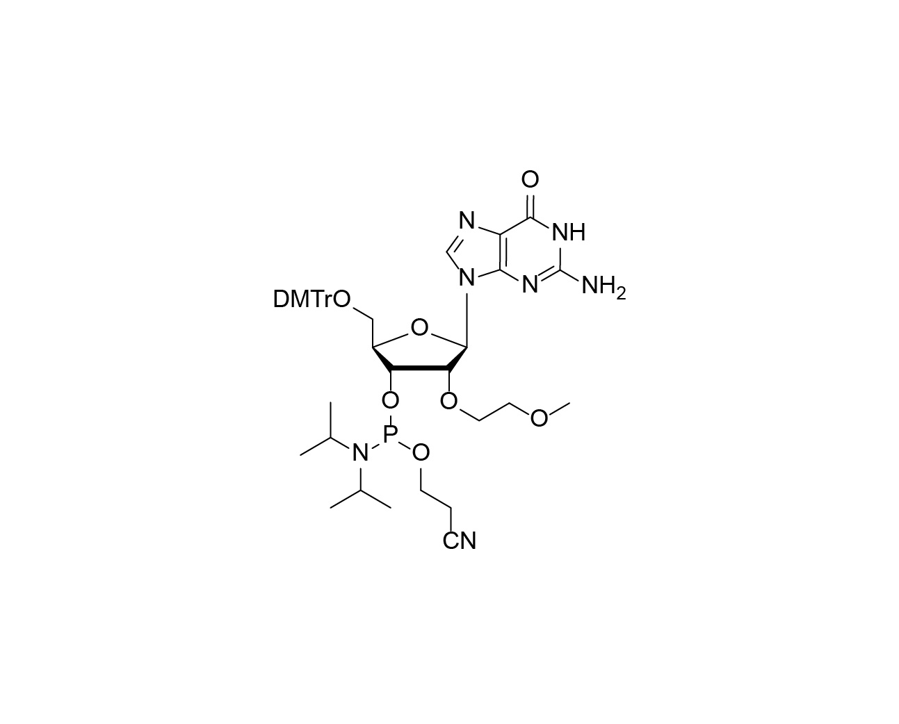 Chemical structure of DMTr-2'-O-MOE-rG-3'-CE-Phosphoramidite