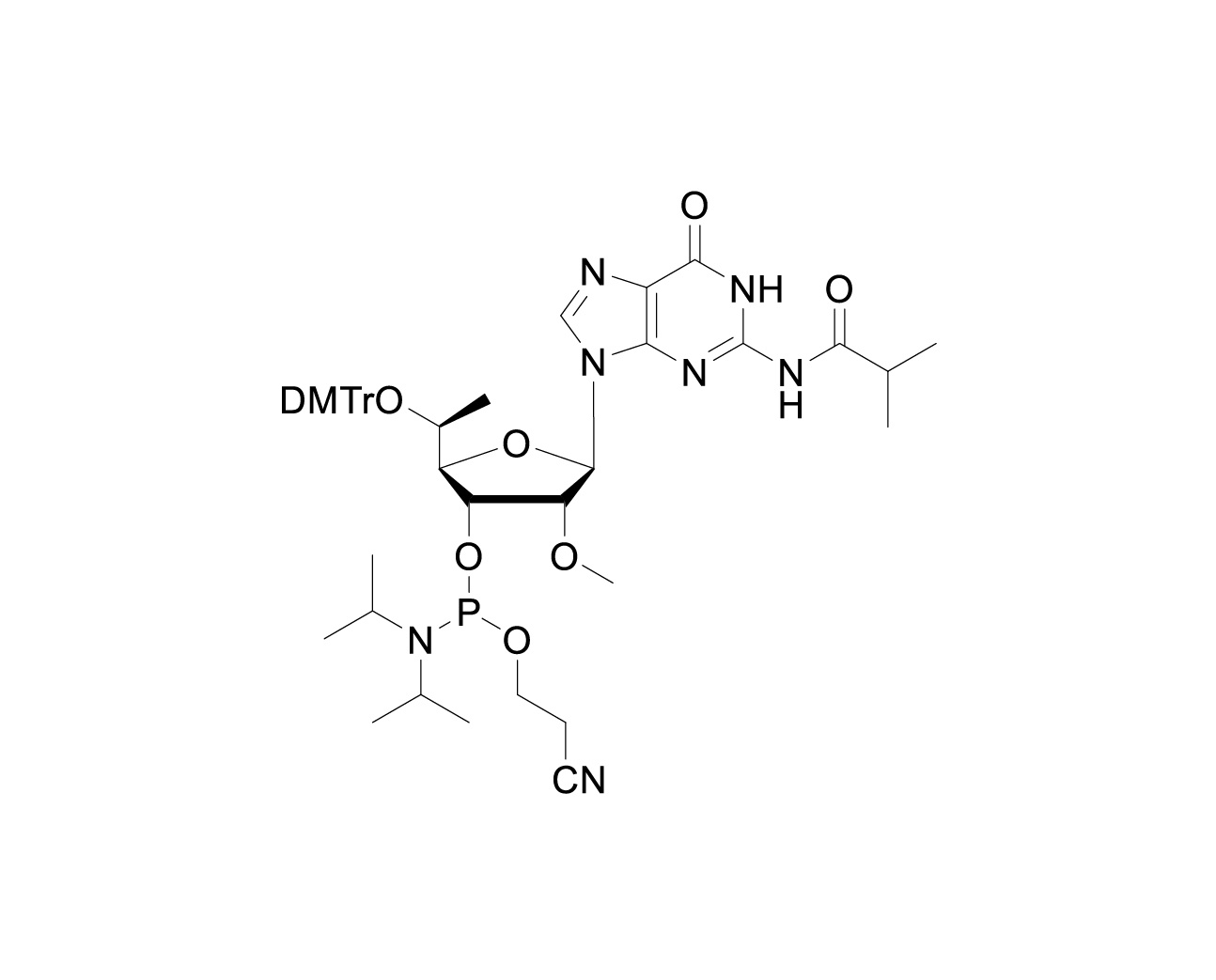Chemical structure of 5'-O-DMTr-(5'S)-5'-C-methyl-2'-O-methyl-N2-isobutyrylguanosine-3'-CE phosphoramidite