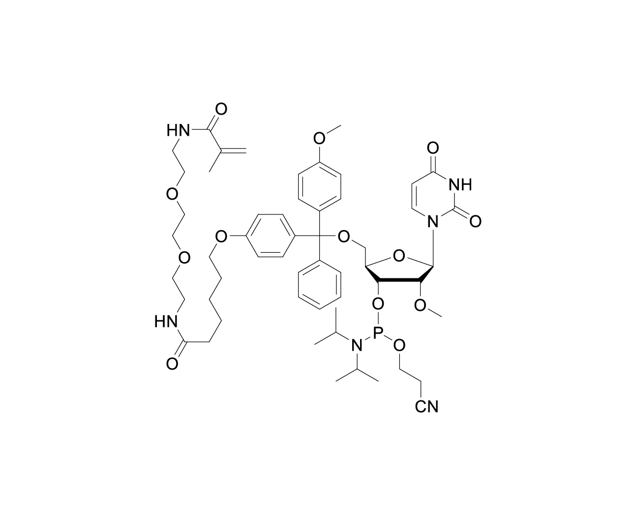 Chemical structure of 5'-O-(methacrylamide-functionalized trityl)-2'-O-methyluridine-3'-CE phosphoramidite