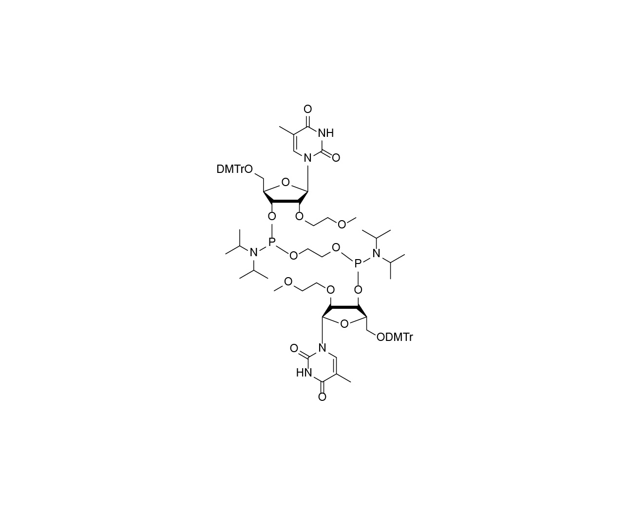 Chemical structure of ethane-1,2-di(5'-O-DMTr-2'-O-MOE-rT-3'-oxy)-bis(diisopropylphosphoramidite)