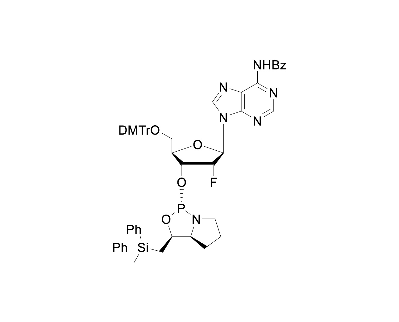 Chemical structure of DMTr-2'-F-dA(Bz)-3'-(L)-DPSE-Phosphoramidite