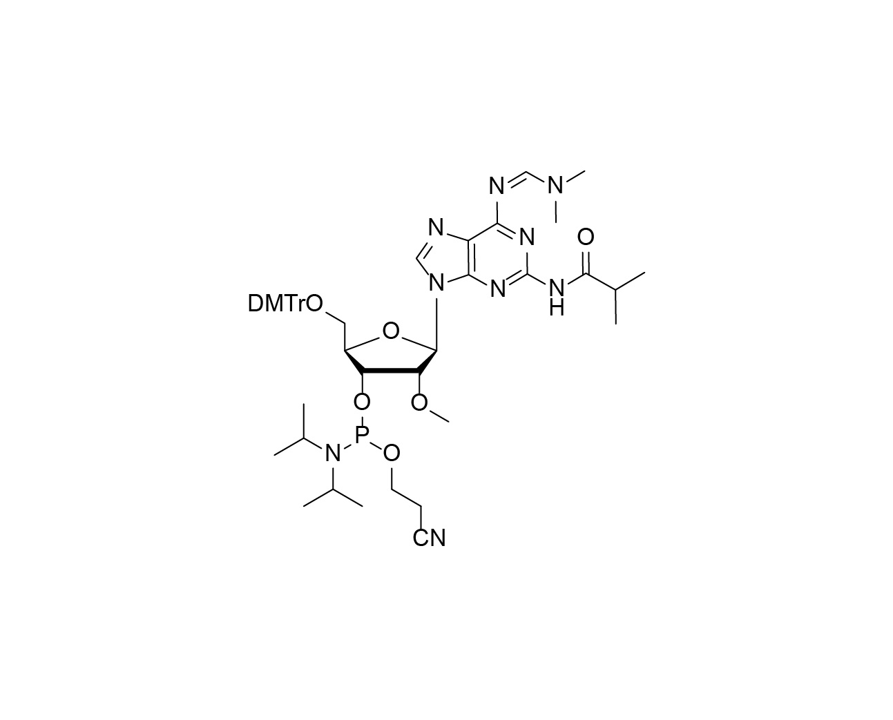 Chemical structure of 5'-O-DMTr-2'-O-Me-N2-isobutyryl-N6-[(dimethylamino)methylene]-2-aminoadenosine-3'-CE-Phosphoramidite