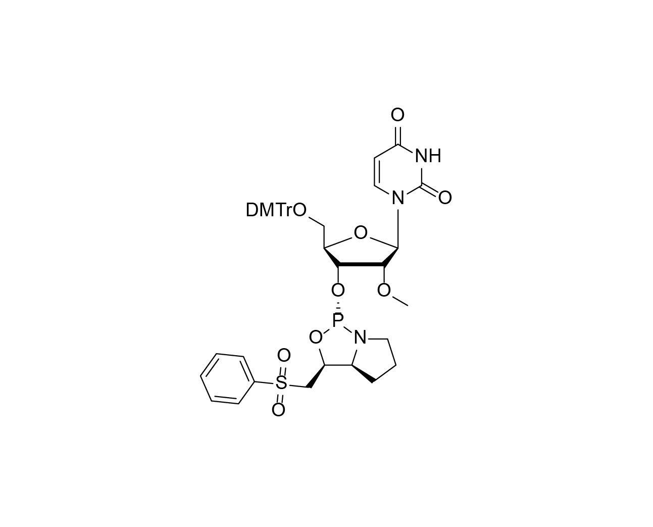 Chemical structure of 5'-O-DMTr-2'-O-Me-uridine-3'-(L)-PSM phosphoramidite