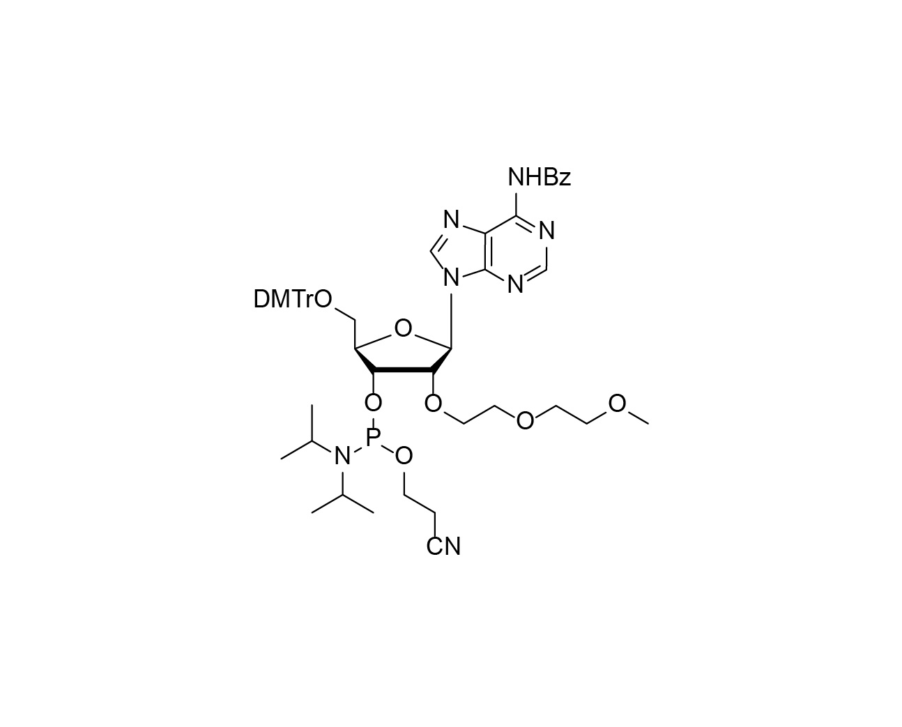 Chemical structure of DMTr-2'-O-MOEOE-rA(Bz)-3'-CE-Phosphoramidite
