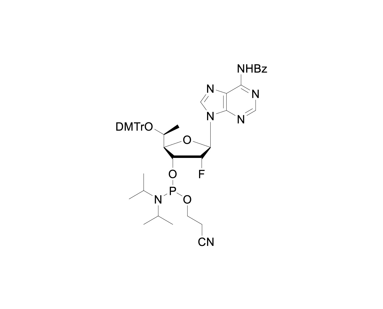 Chemical structure of DMTr-S-5-C-Me-2'-F-dA(Bz)-3'-CE-Phosphoramidite