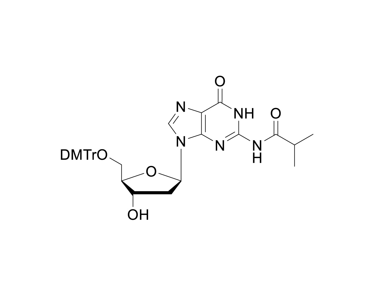 Structure of N2-isobutyryl-5'-O-DMTr-2'-deoxyguanosine