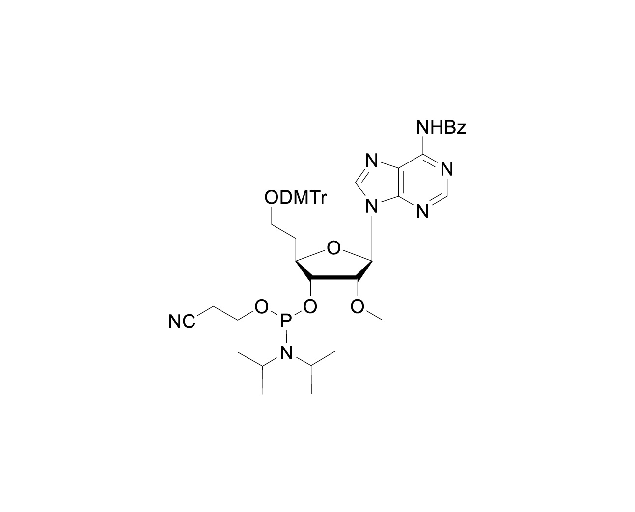 Chemical structure of 6'-O-DMTr-2'-O-Me-5'-Homo-A(Bz)-3'-CE-Phosphoramidite