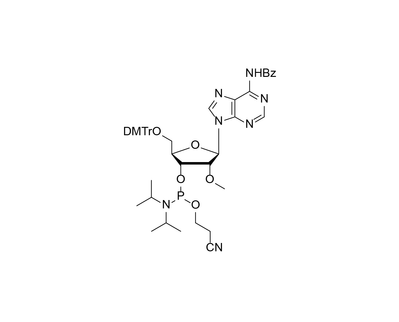 Chemical structure of DMTr-2'-O-Me-rA(Bz)-3'-CE-Phosphoramidite