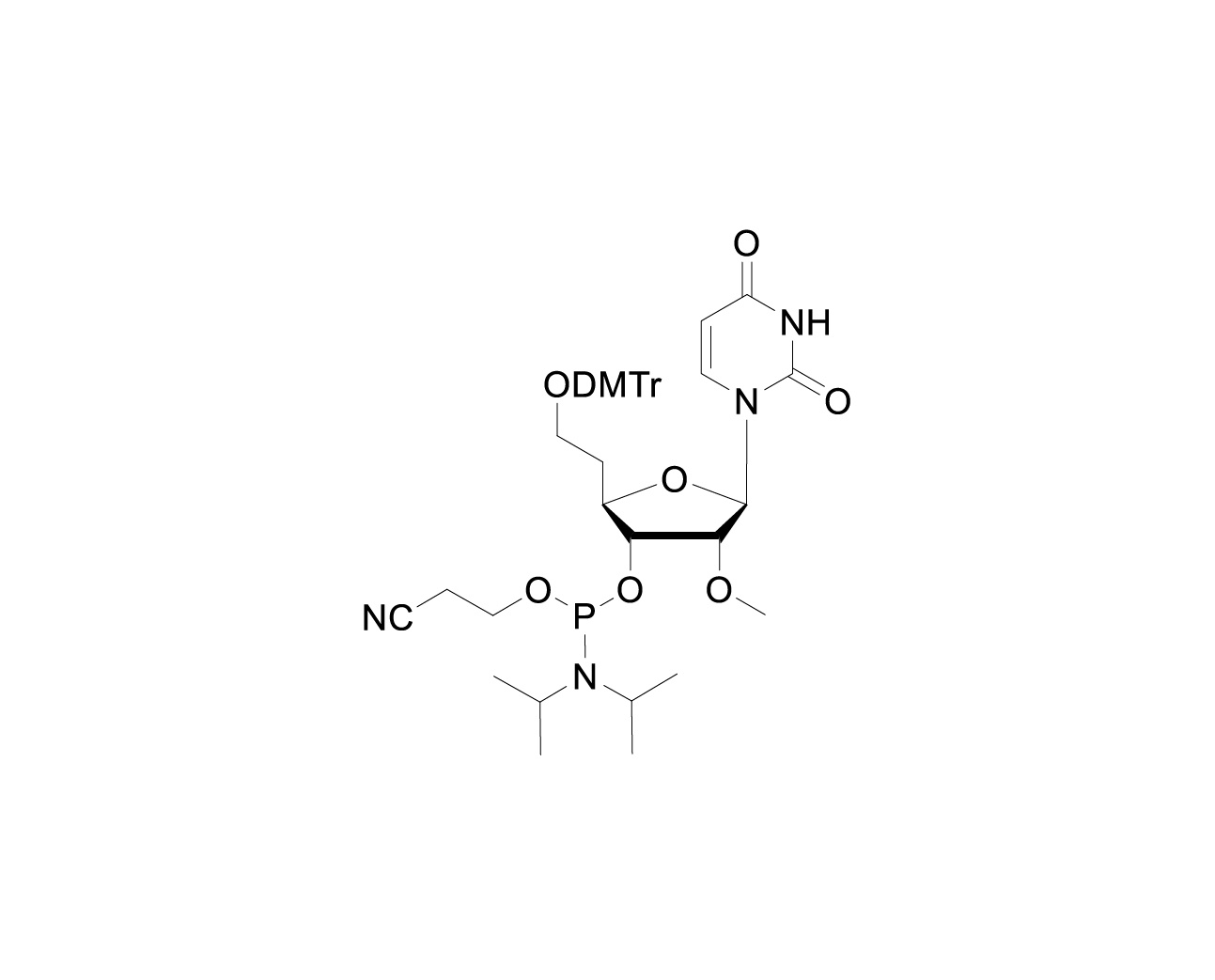 Chemical structure of 6'-O-DMTr-2'-O-Me-5'-Homo-U-3'-CE-Phosphoramidite