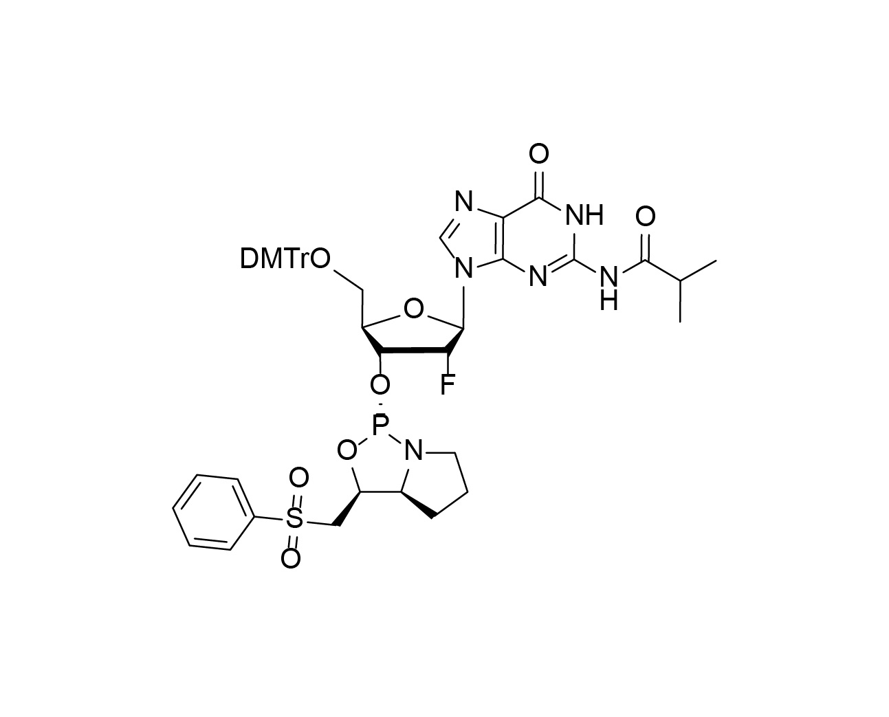 Chemical structure of DMTr-2'-F-dG(iBu)-3'-(L)-PSM-Phosphoramidite