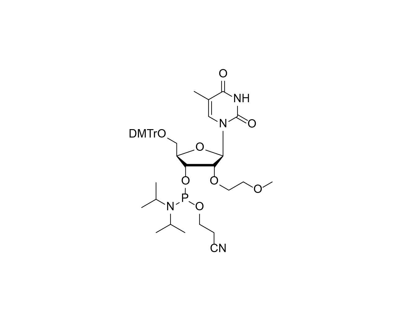 Chemical structure of DMTr-2'-O-MOE-rT-3'-CE-Phosphoramidite