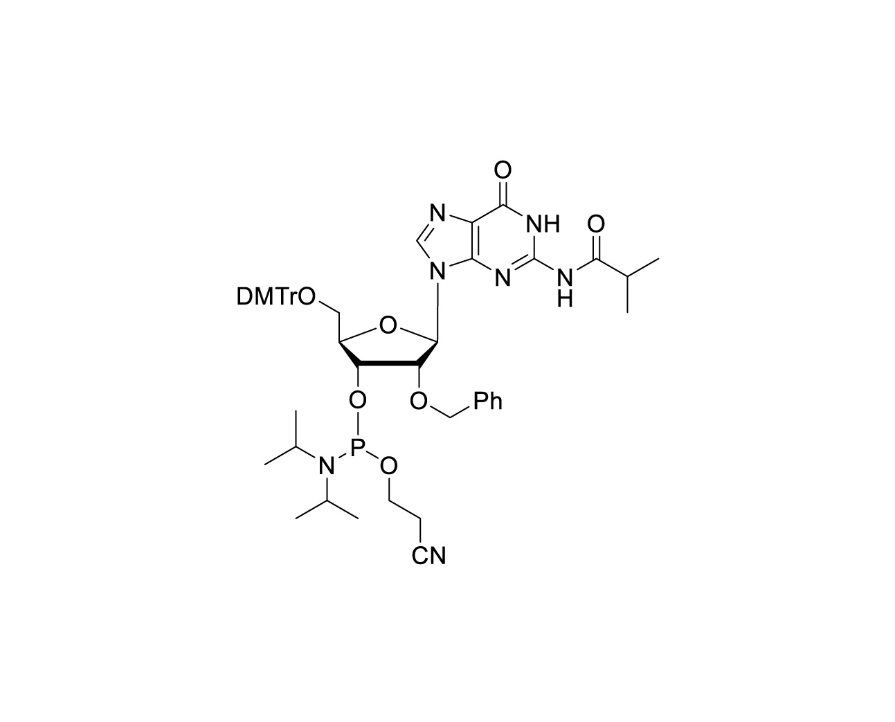 Chemical structure of DMTr-2'-O-Bn-rG(iBu)-3'-CE-Phosphoramidite