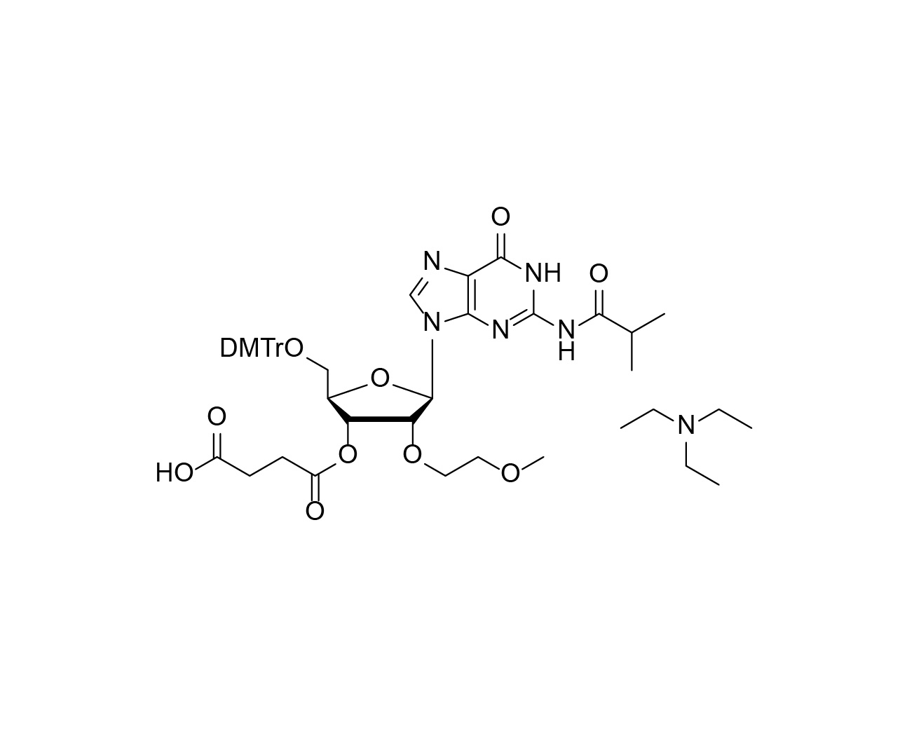 Chemical structure of 5'-DMTr-2'-O-MOE-rG(iBu)-3'-succinate triethylamine salt