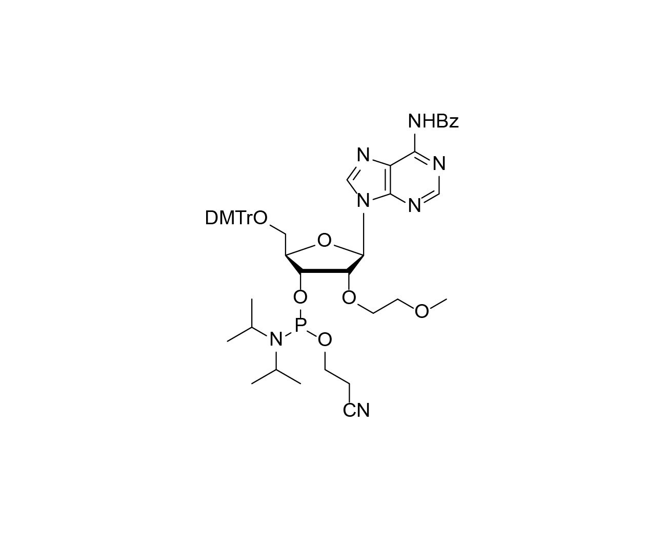 Chemical structure of DMTr-2'-O-MOE-rA(Bz)-3'-CE-Phosphoramidite
