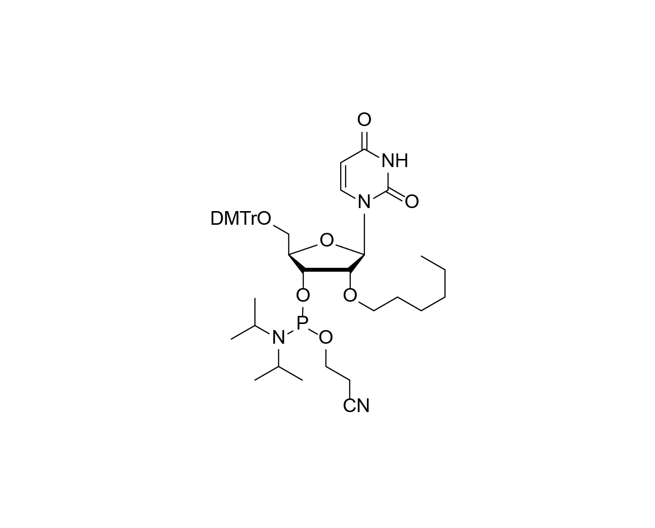 Chemical structure of DMTr-2'-O-C6-rU-3'-CE-Phosphoramidite