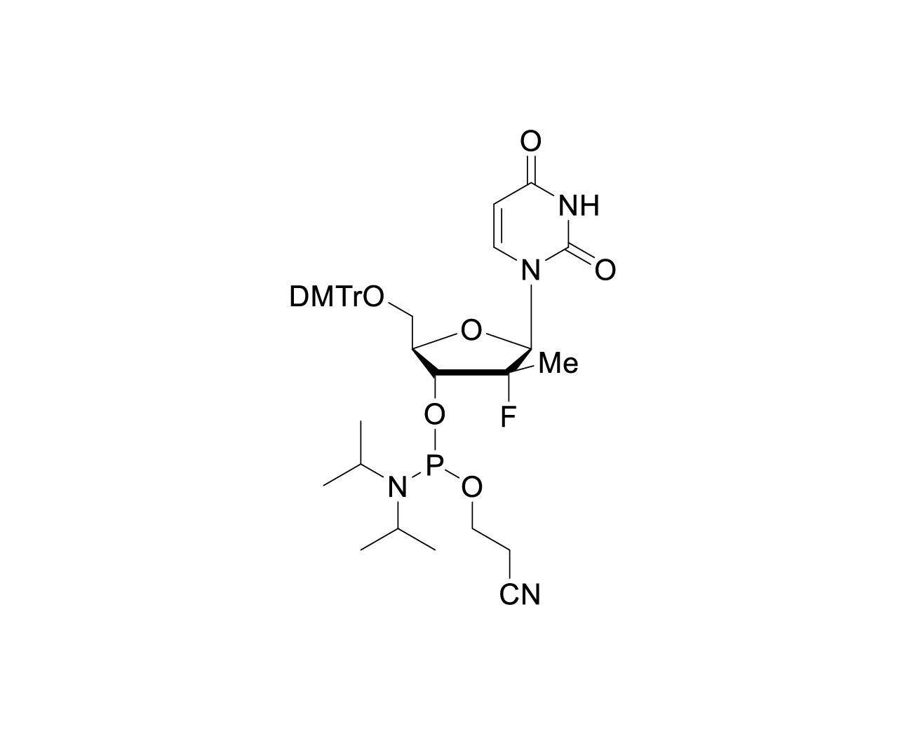 Chemical structure of DMTr-(2'R)-2'-F-2'-Me-dU-3'-CE-Phosphoramidite