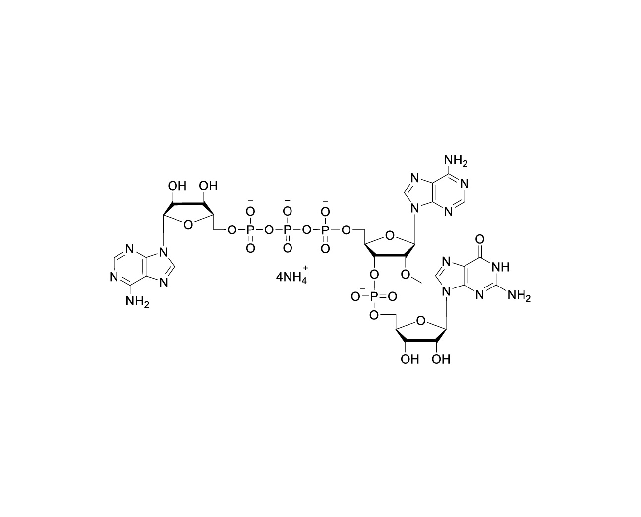 Chemical structure of A(5')ppp(5')(2'-OMeA)pG tetraammonium