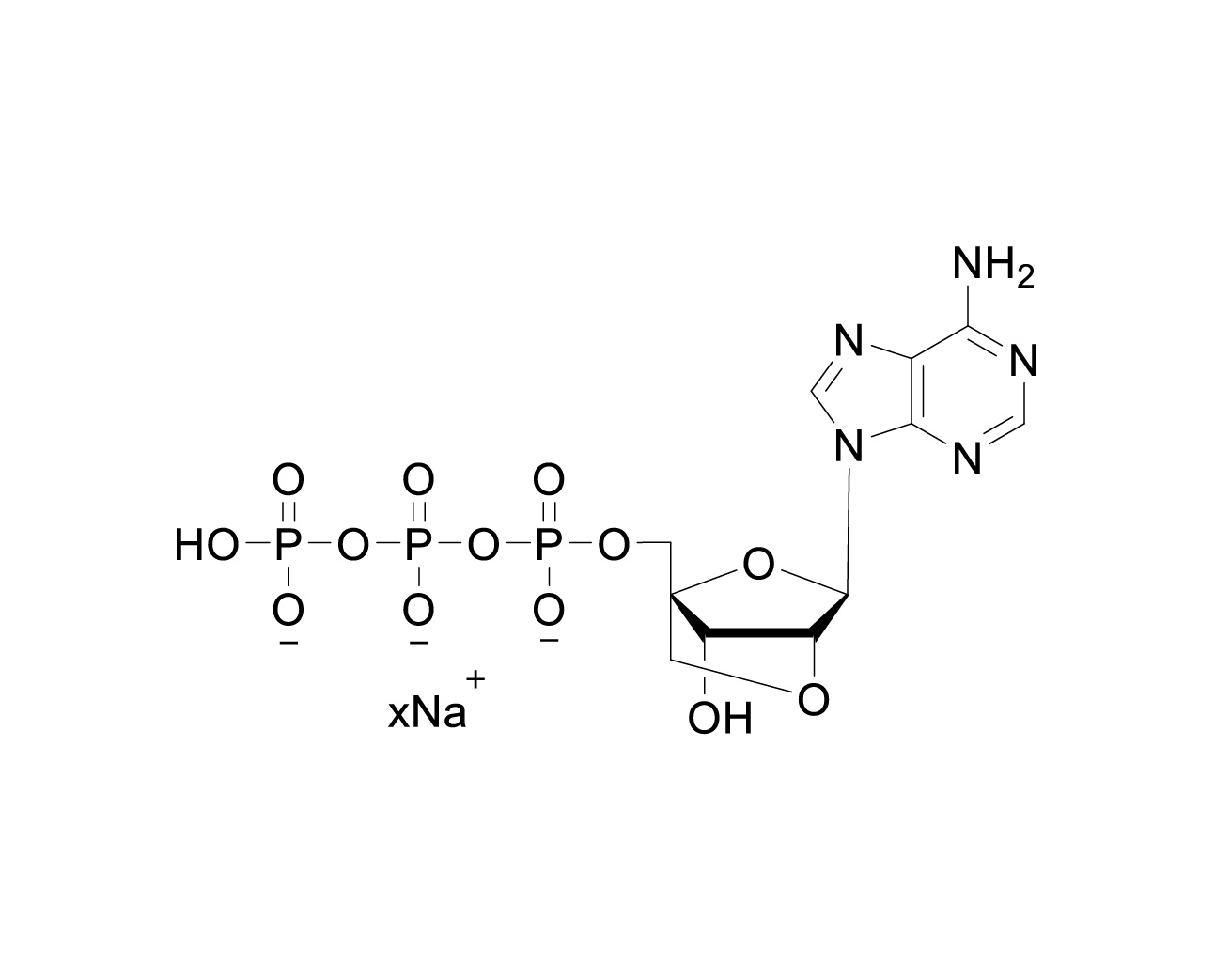 Catalog structure drawing for 2'-O-4'-C-Locked-ATP Sodium Salt with sodium stoichiometry represented as xNa+