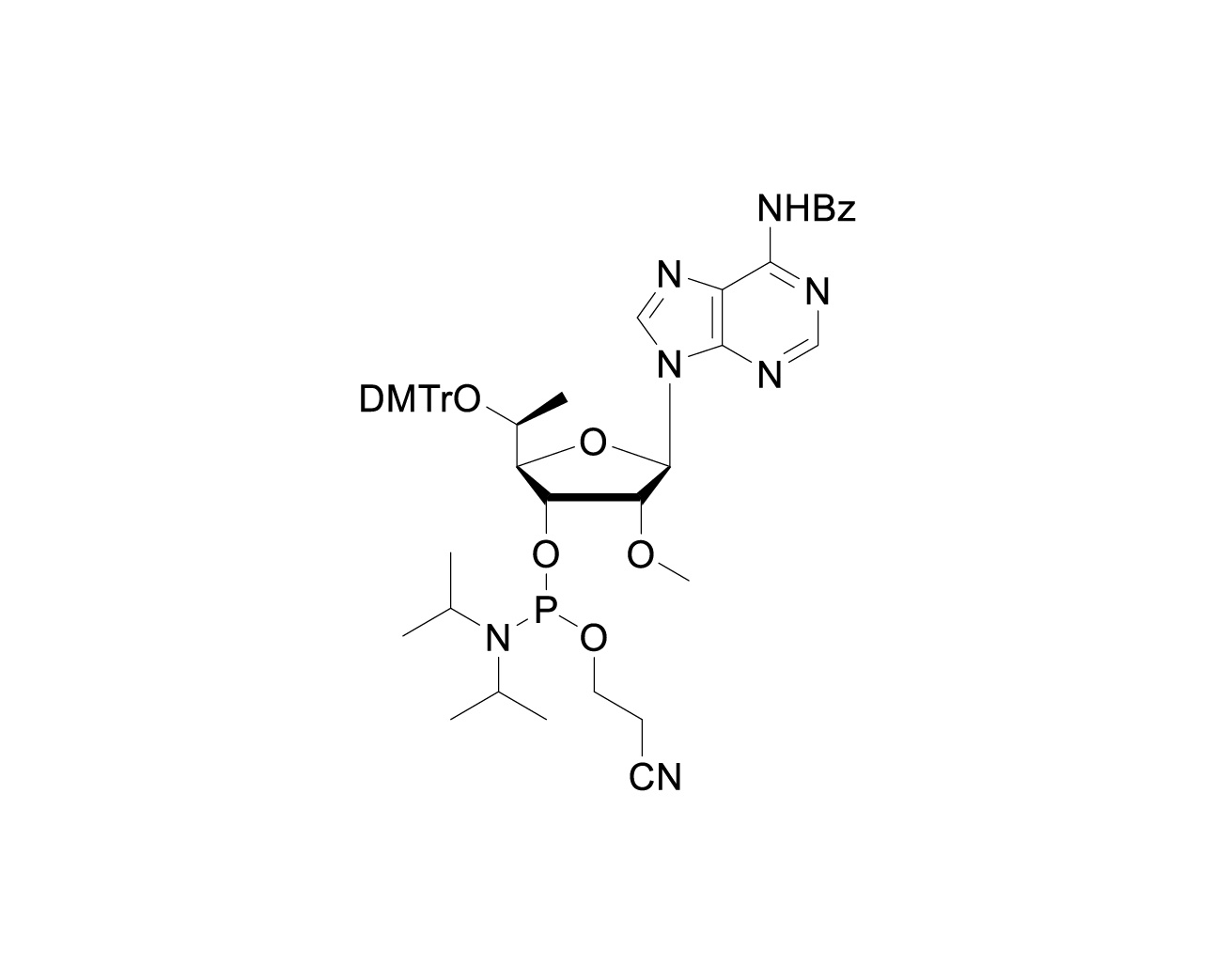 Chemical structure of 5'-O-DMTr-(5'S)-5'-C-methyl-2'-O-methyl-N6-benzoyladenosine-3'-CE phosphoramidite
