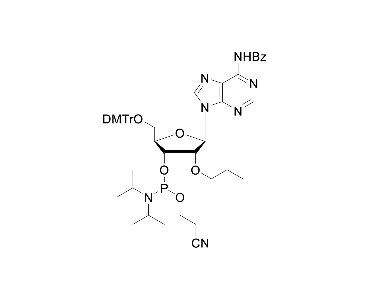 Chemical structure of DMTr-2'-O-propyl-rA(Bz)-3'-CE-Phosphoramidite