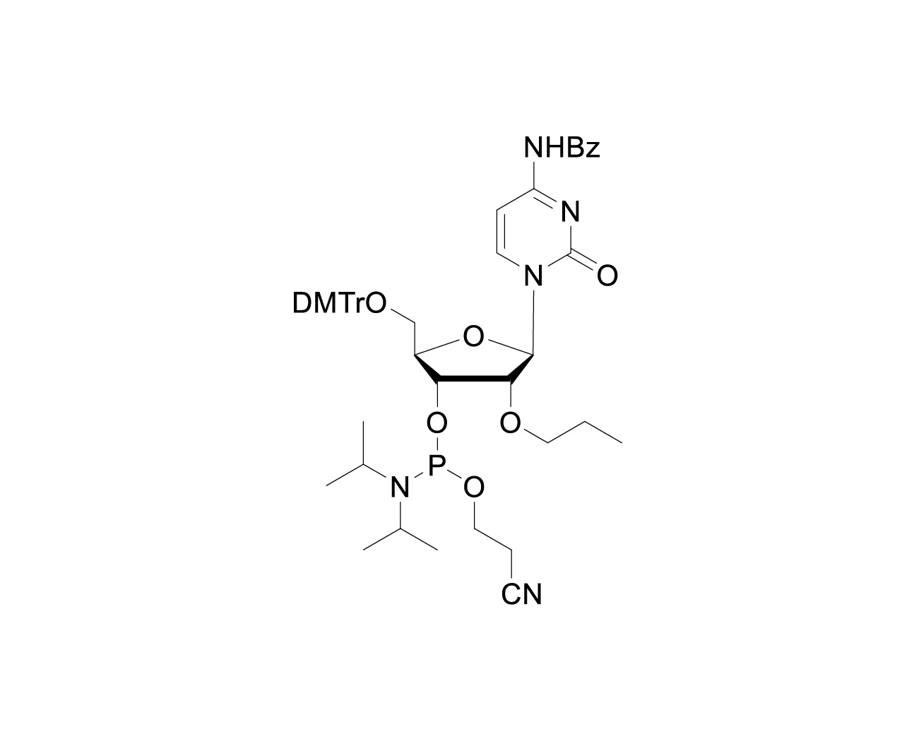 Chemical structure of DMTr-2'-O-propyl-rC(Bz)-3'-CE-Phosphoramidite