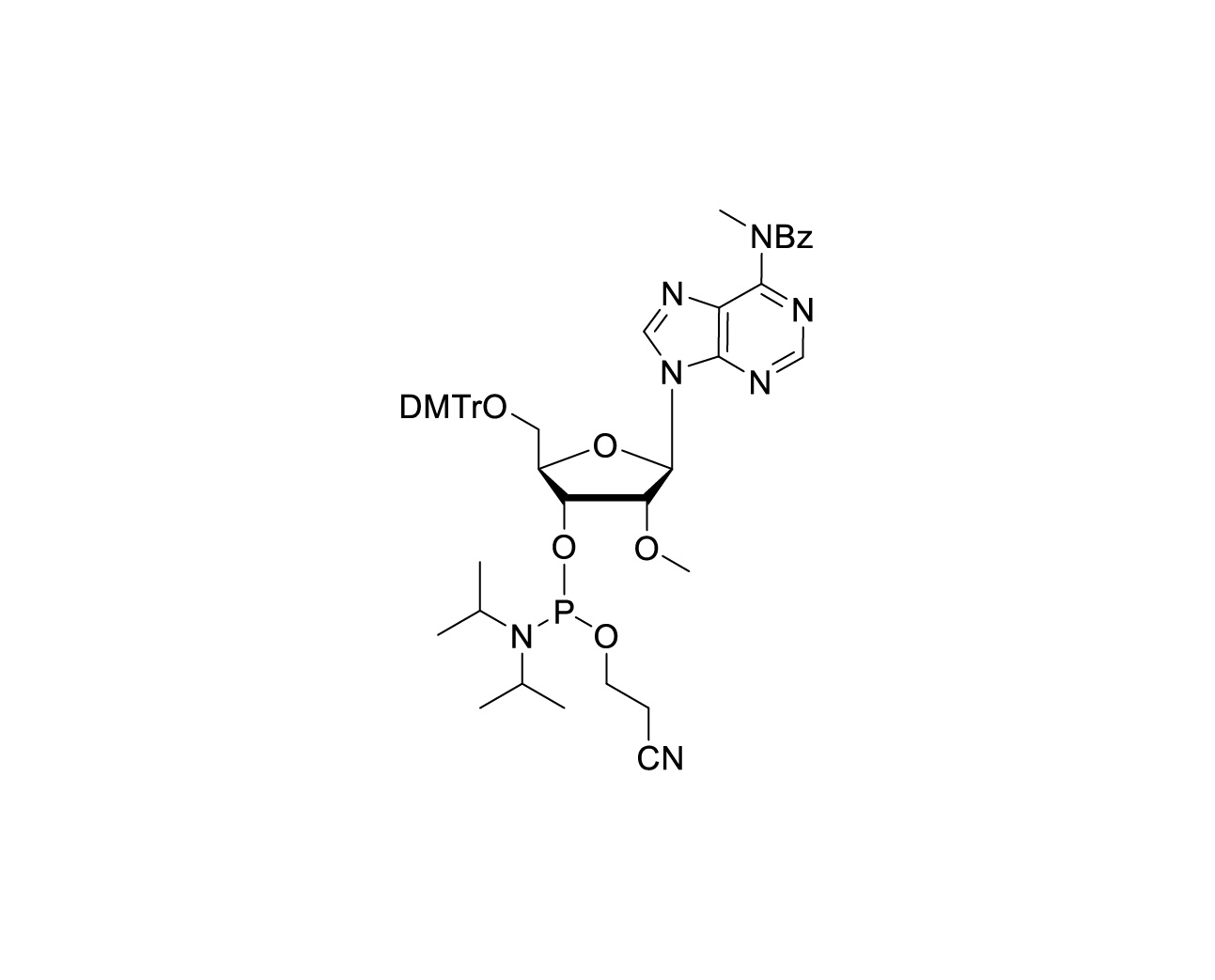 Chemical structure of 5'-O-DMTr-2'-O-Me-N6-benzoyl-N6-methyladenosine-3'-CE-Phosphoramidite