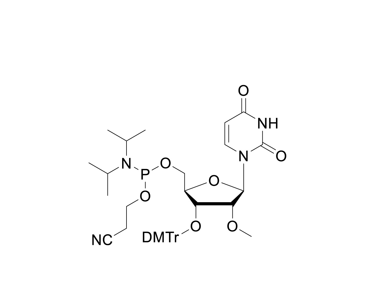 Chemical structure of reverse-orientation 2'-O-methyluridine phosphoramidite