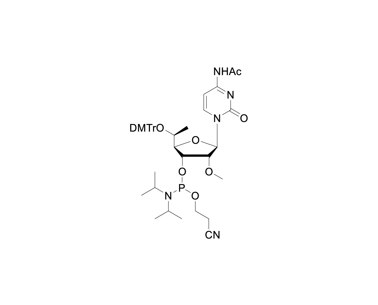 Chemical structure of 5'-O-DMTr-(5'S)-5'-C-methyl-2'-O-methyl-N4-acetylcytidine-3'-CE phosphoramidite