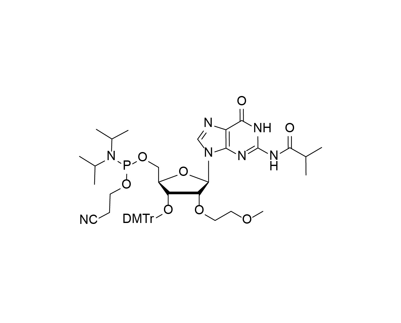 Chemical structure of reverse-orientation 2'-O-MOE-rG(iBu) phosphoramidite
