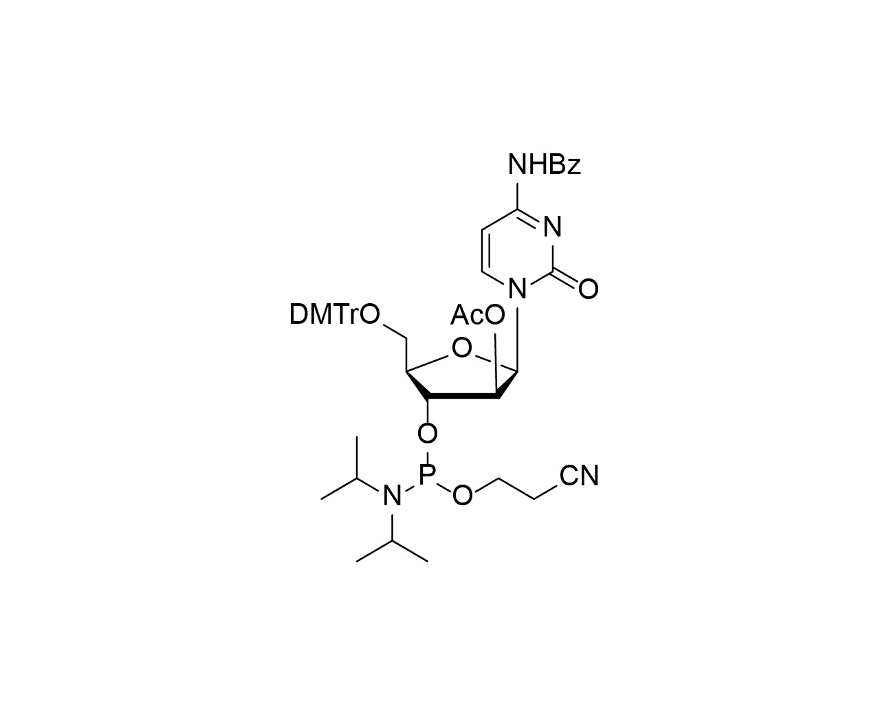 Chemical structure of DMTr-2'-ara-OAc-C(Bz)-3'-CE-Phosphoramidite